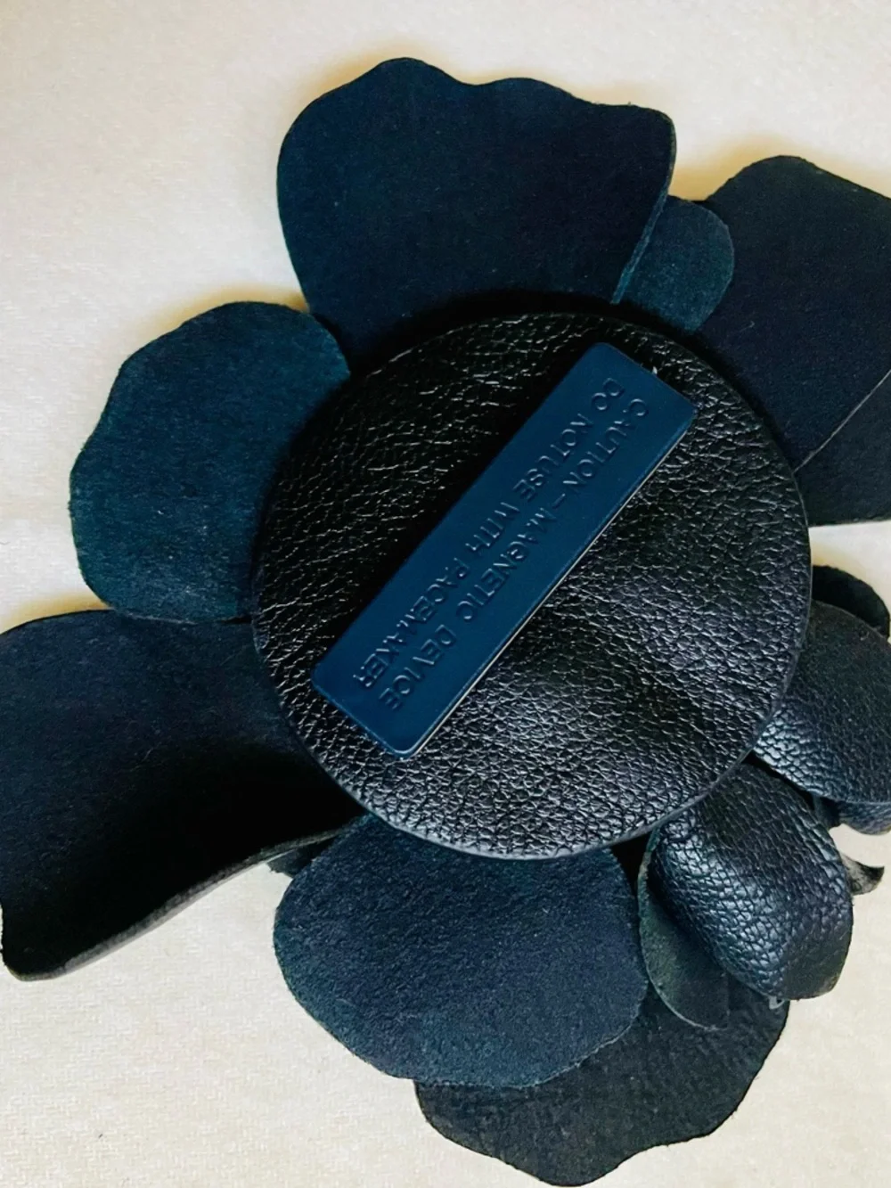Chico’s Black Leather Floral Brooch | Camellia Statement Magnetic Pin | Y2K